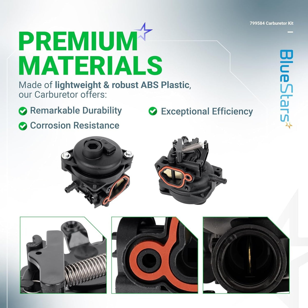 Infographic showing 799584 lawn mower carburetor features, construction, and close-up component details.
