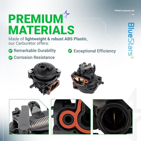 Infographic showing 799584 lawn mower carburetor features, construction, and close-up component details.