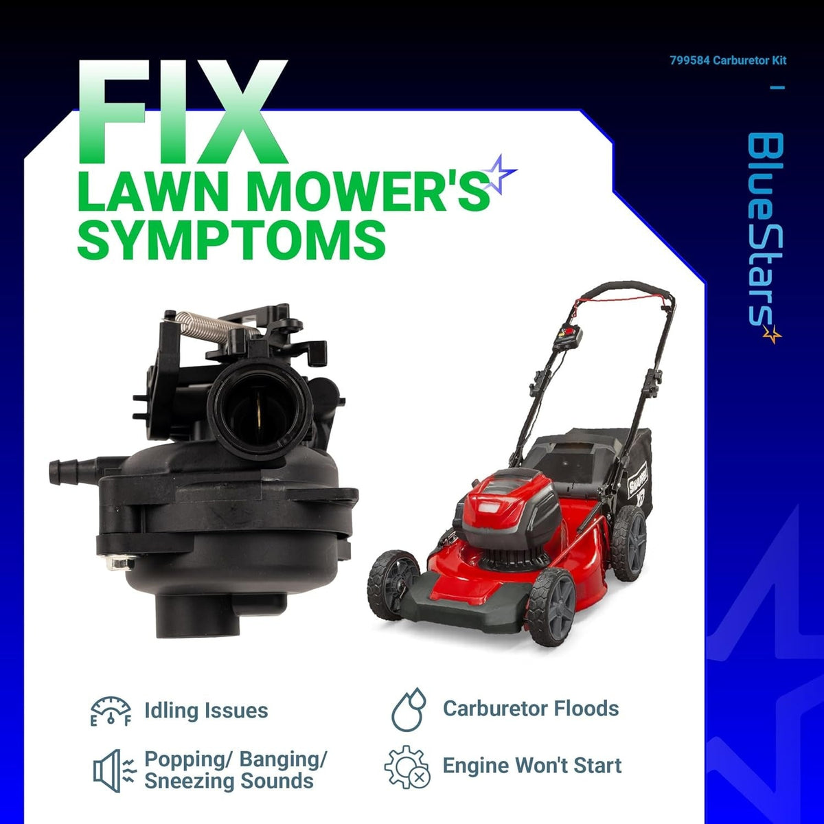 799584 592361 replacement carburetor for lawn mower engines showing common engine repair symptoms and solutions.