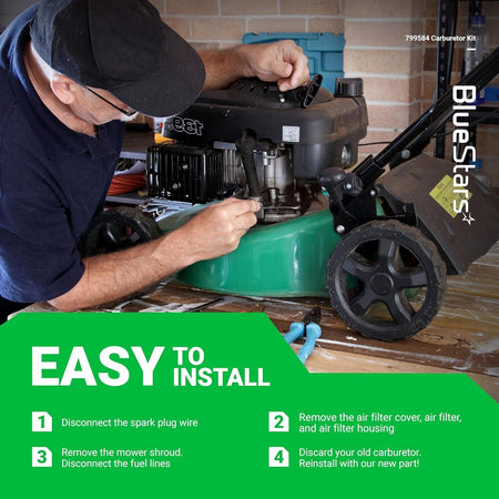 Technician installing a 799584 carburetor on a lawn mower engine with step-by-step installation instructions.