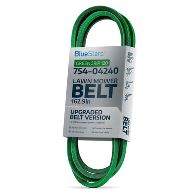 Green 754-04240 mower deck belt in BlueStars branded packaging for 50-inch lawn mowers.