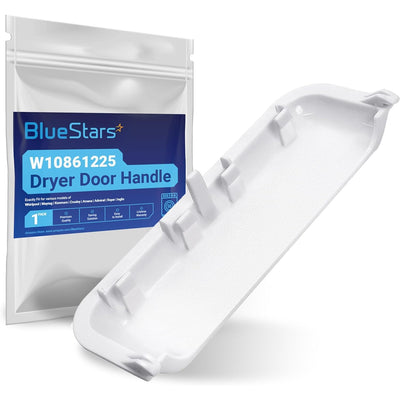 White W10861225 dryer door handle replacement part shown with its BlueStars branded packaging.
