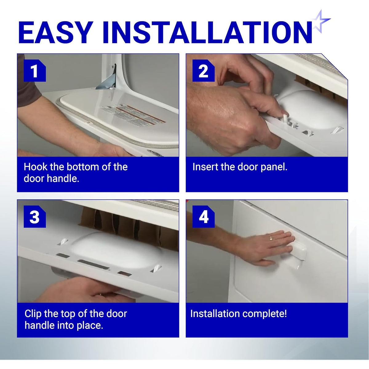 Four-step installation guide for W10861225 dryer door handle on Whirlpool, Kenmore, Maytag, and Amana dryers.