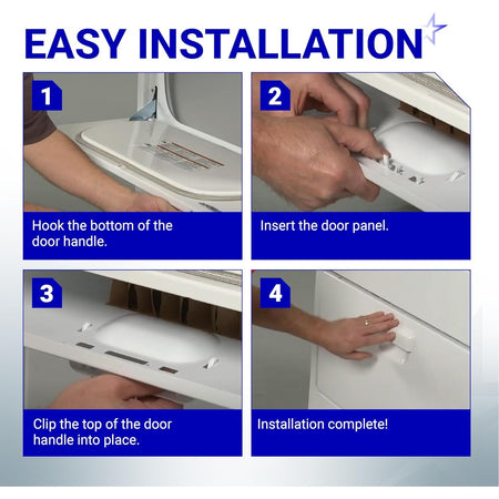 Four-step installation guide for W10861225 dryer door handle on Whirlpool, Kenmore, Maytag, and Amana dryers.