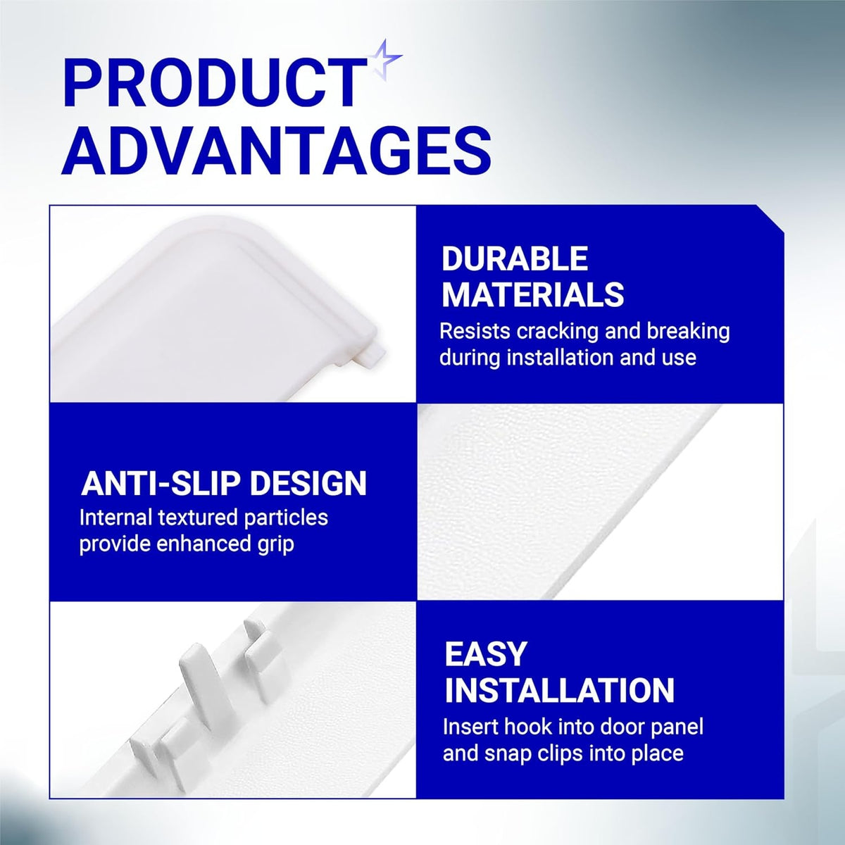 Infographic highlighting durable materials, anti-slip design, and easy installation of W10861225 dryer door handle.