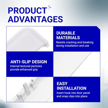 Infographic highlighting durable materials, anti-slip design, and easy installation of W10861225 dryer door handle.