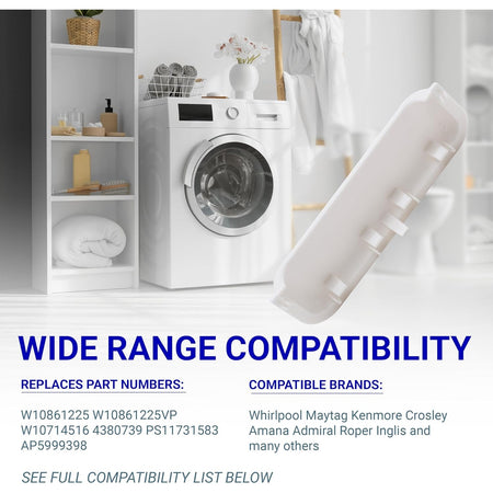 White dryer door handle replacement part W10861225 for Whirlpool, Kenmore, Maytag, and Amana dryers.