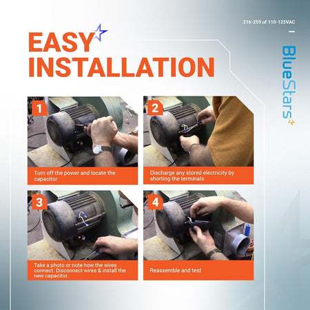 Step-by-step installation guide for 216-259 uF 110-125 VAC CD60 round start capacitor on an AC motor.
