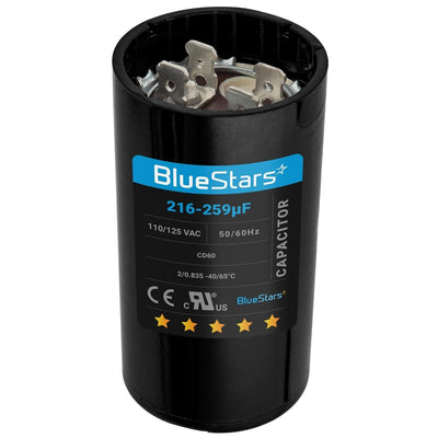 BlueStars 216-259 uF 110-125 VAC CD60 round start capacitor with terminal connectors.