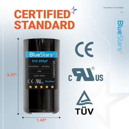 BlueStars 216-259 uF 110-125 VAC CD60 round start capacitor with dimensions labeled.