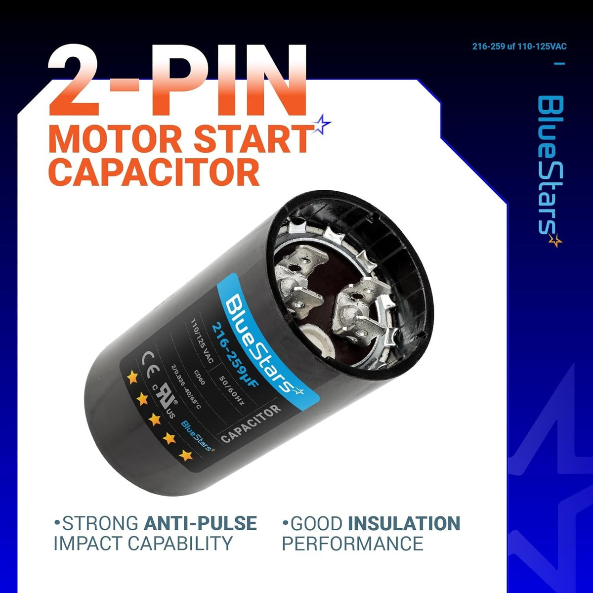 2-pin round motor start capacitor, 216-259 uF 110-125 VAC, showing top terminal view and product label.