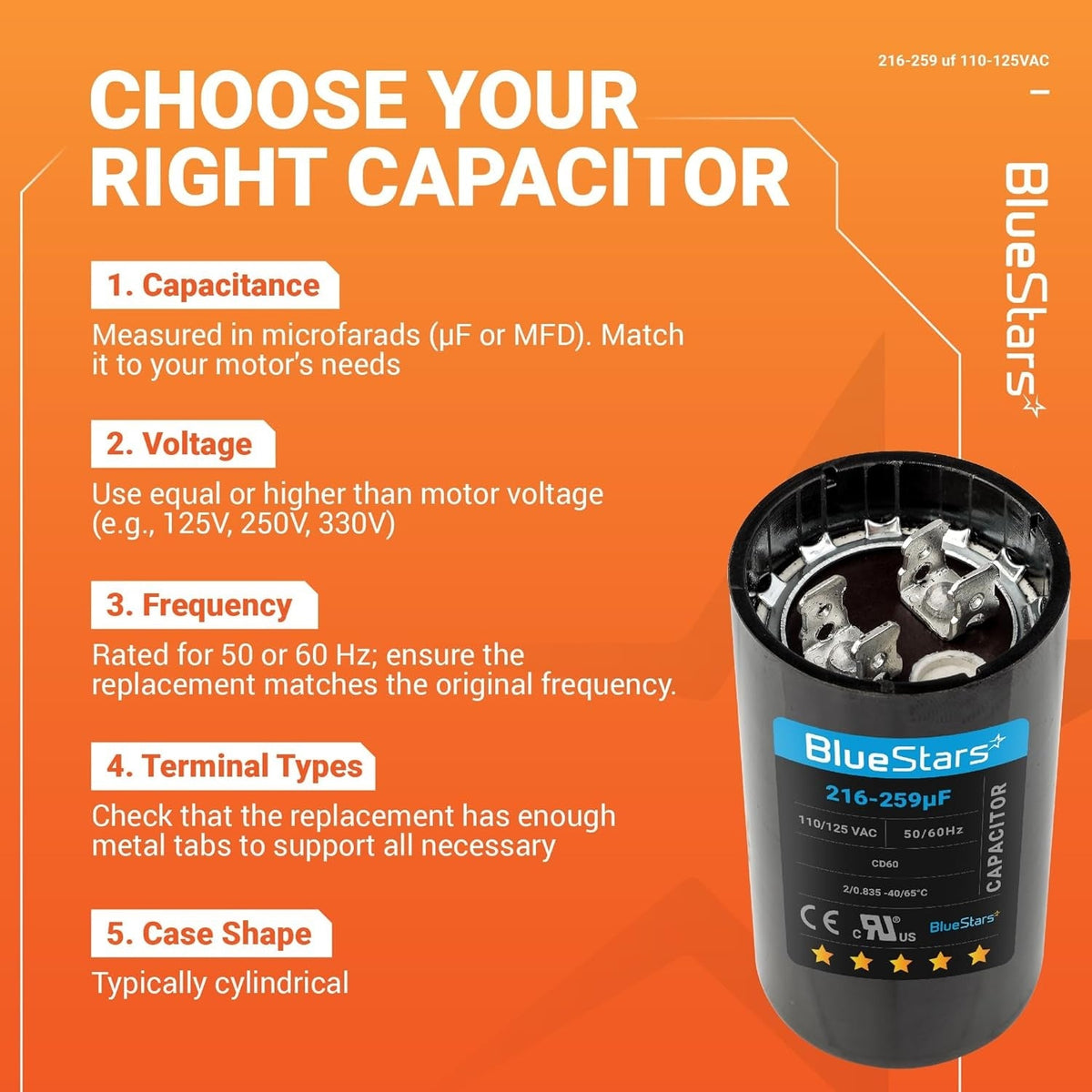 Infographic showing how to choose a 216-259 uF 110-125 VAC CD60 round start capacitor for AC motors and fans.