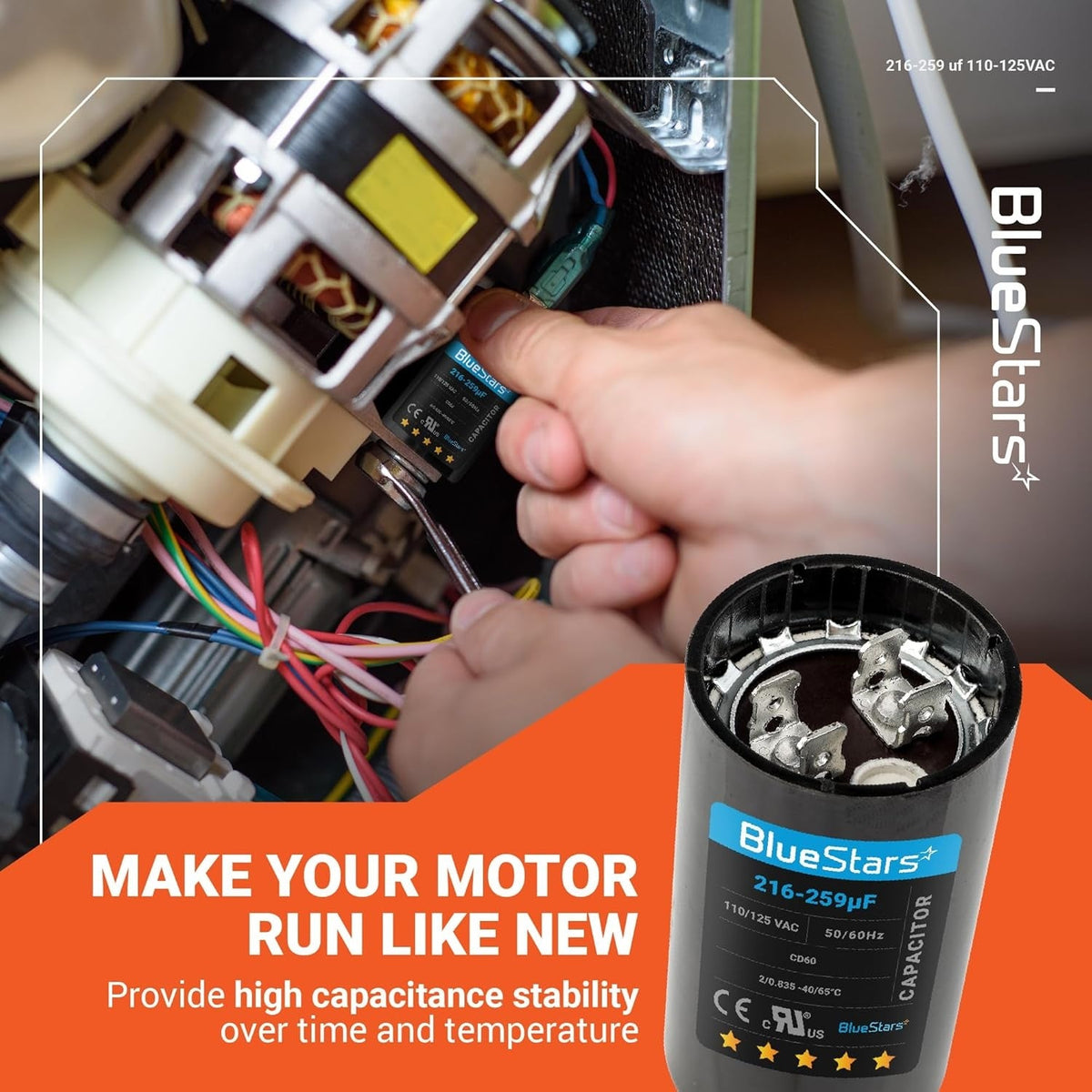 BlueStars 216-259 uF 110-125 VAC round start capacitor being installed in an AC motor.