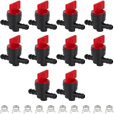 Pack of 10 1/4" inline fuel shut off valves with metal clamps for lawn mower engines.