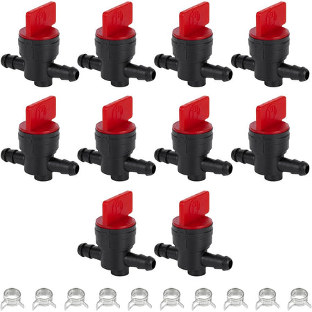 Pack of 10 1/4" inline fuel shut off valves with metal clamps for lawn mower engines.