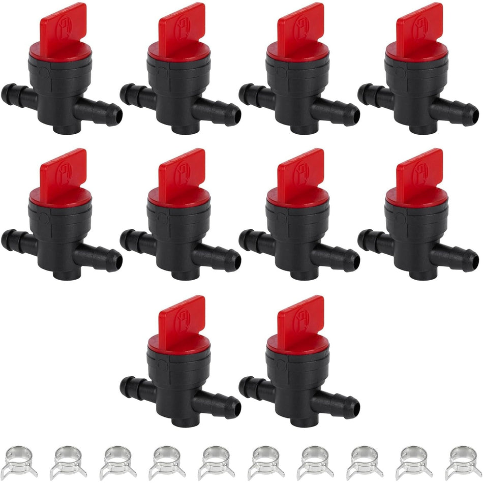 Pack of 10 1/4" inline fuel shut off valves with metal clamps for lawn mower engines.