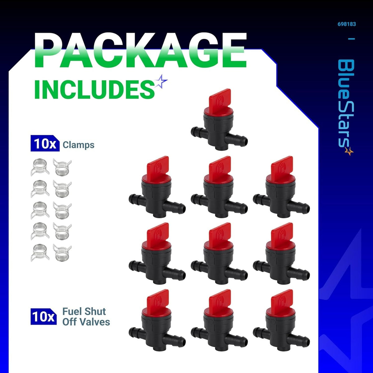 Pack of 10 inline fuel shut off valves with clamps for lawn mower and tractor fuel lines.