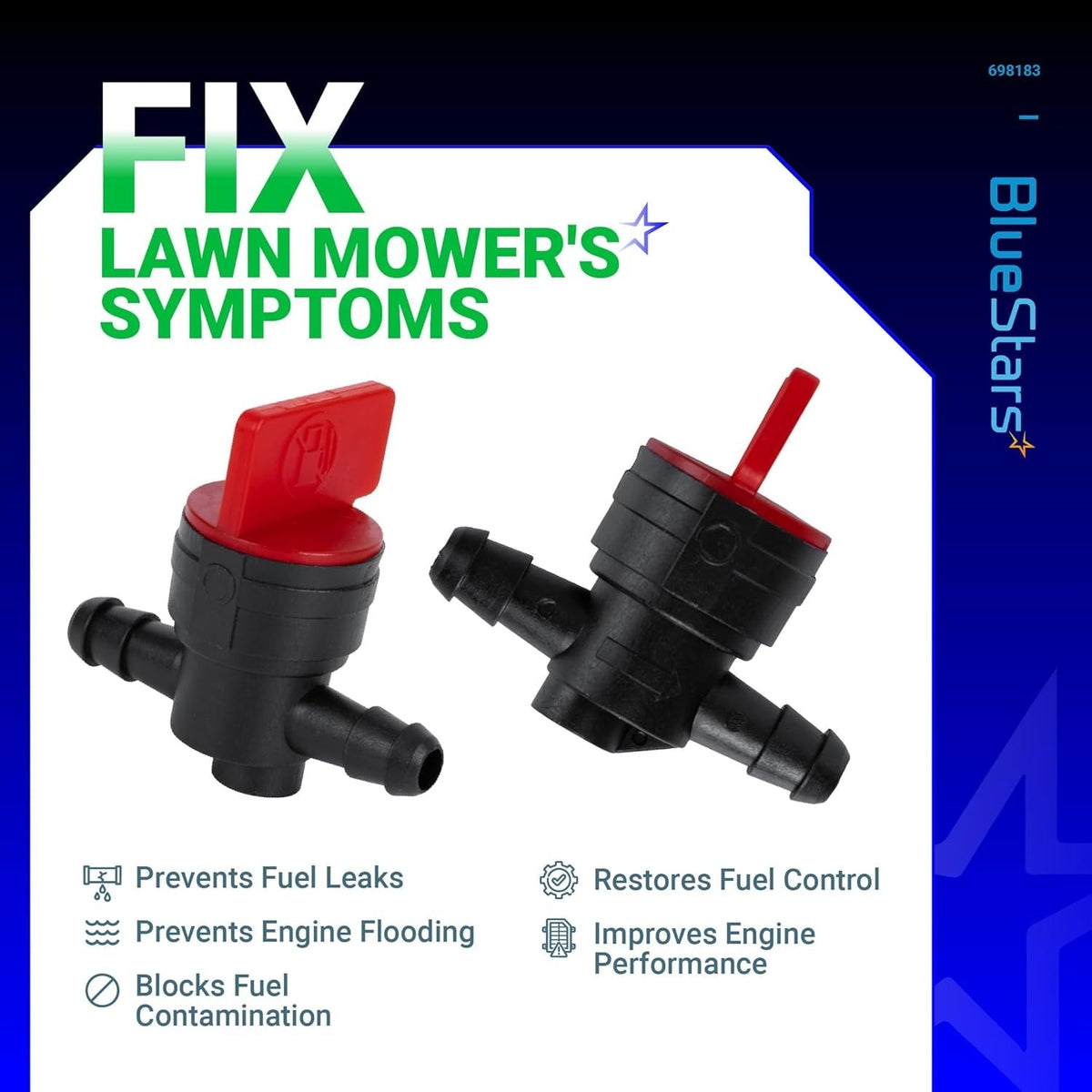 Two 1/4 inch inline fuel shut off valves for lawn mowers with red handles and informational text overlay.