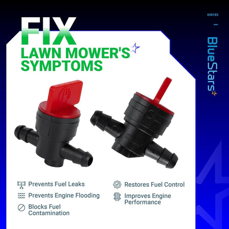 Two 1/4 inch inline fuel shut off valves for lawn mowers with red handles and informational text overlay.