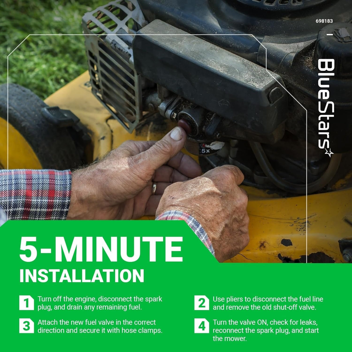 Hands installing a 1/4 inch inline fuel shut off valve on a lawn mower engine with 5-minute installation instructions.