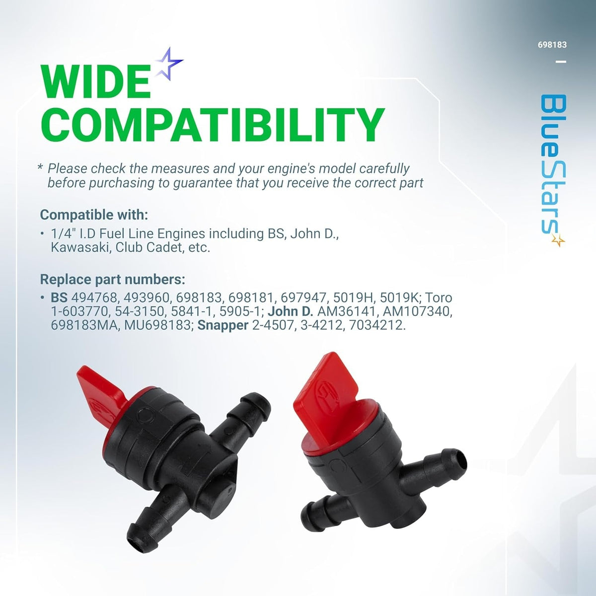Two 1/4 inch inline fuel shut off valves with red handles and compatibility information chart.