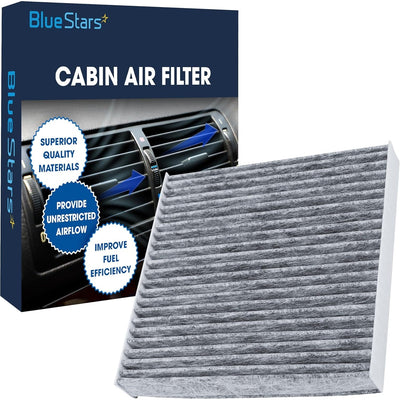Blue Stars CF11182 CP182 activated carbon cabin air filter with product packaging box.