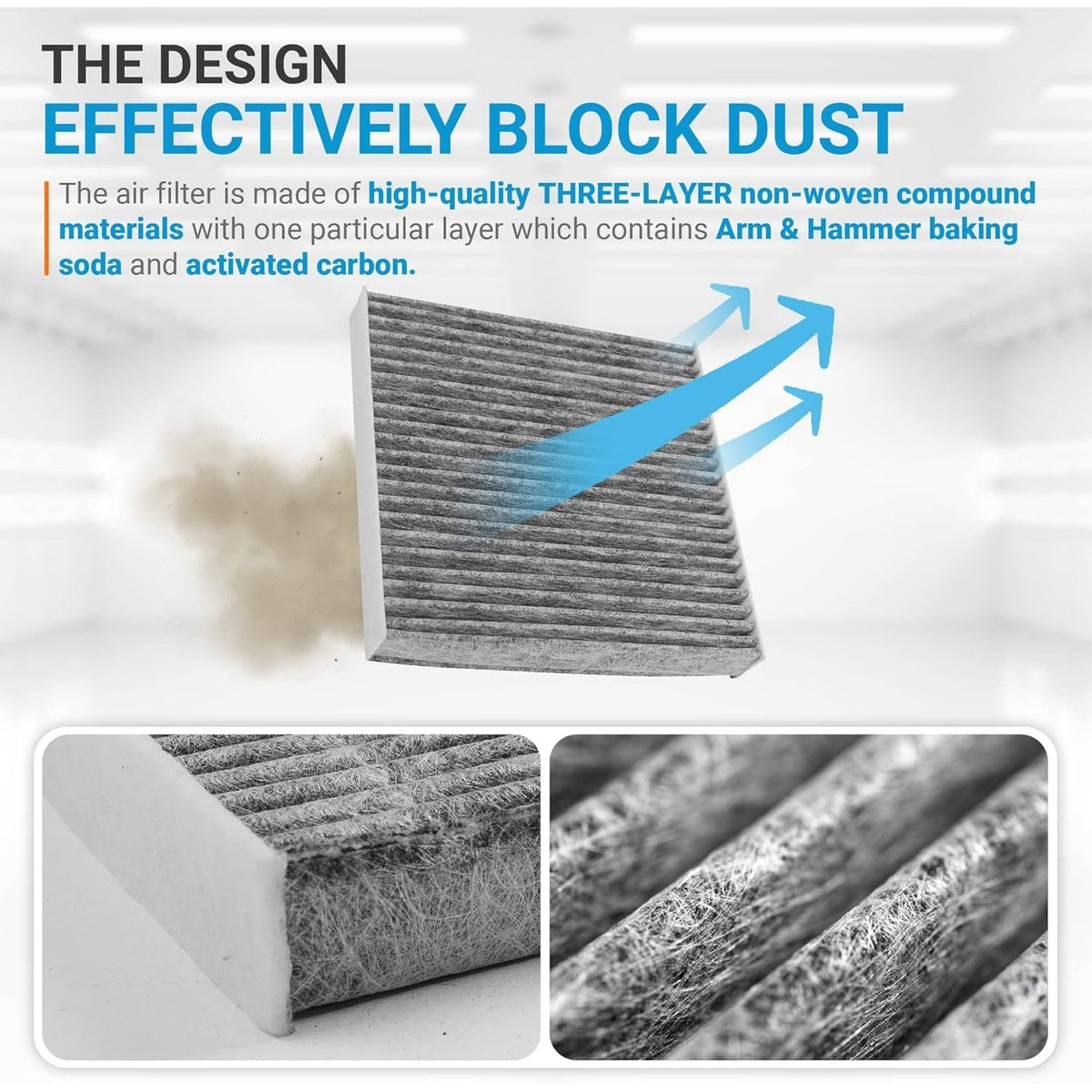 CF11182 CP182 cabin air filter showing three-layer activated carbon design and dust filtration process.