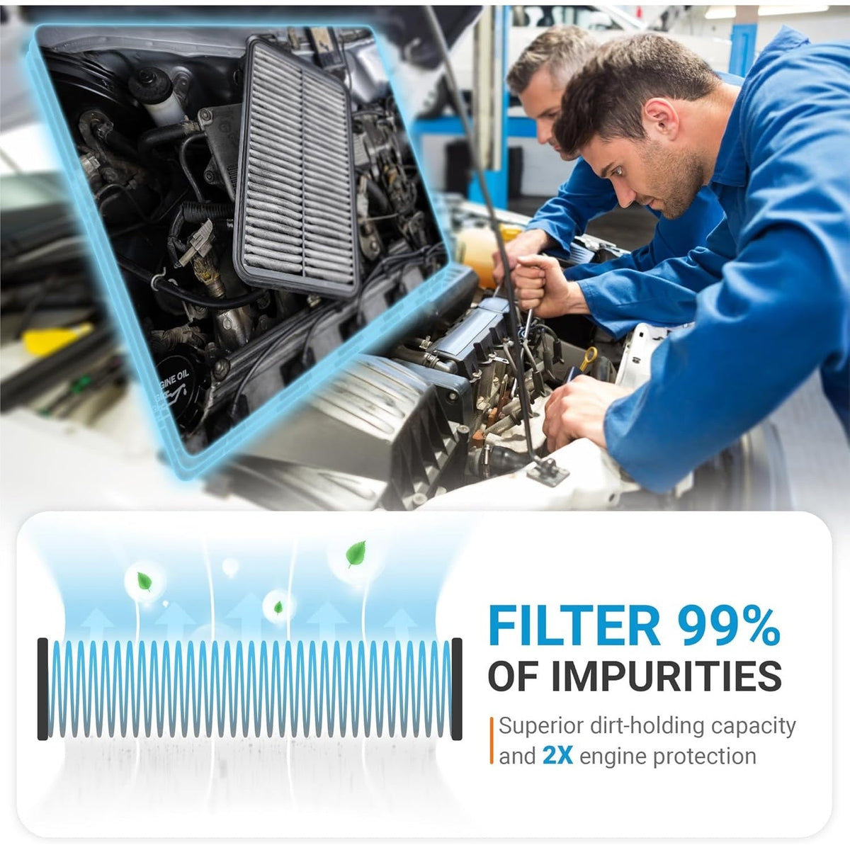 Mechanics installing a CF11182 CP182 cabin air filter with activated carbon for engine protection.