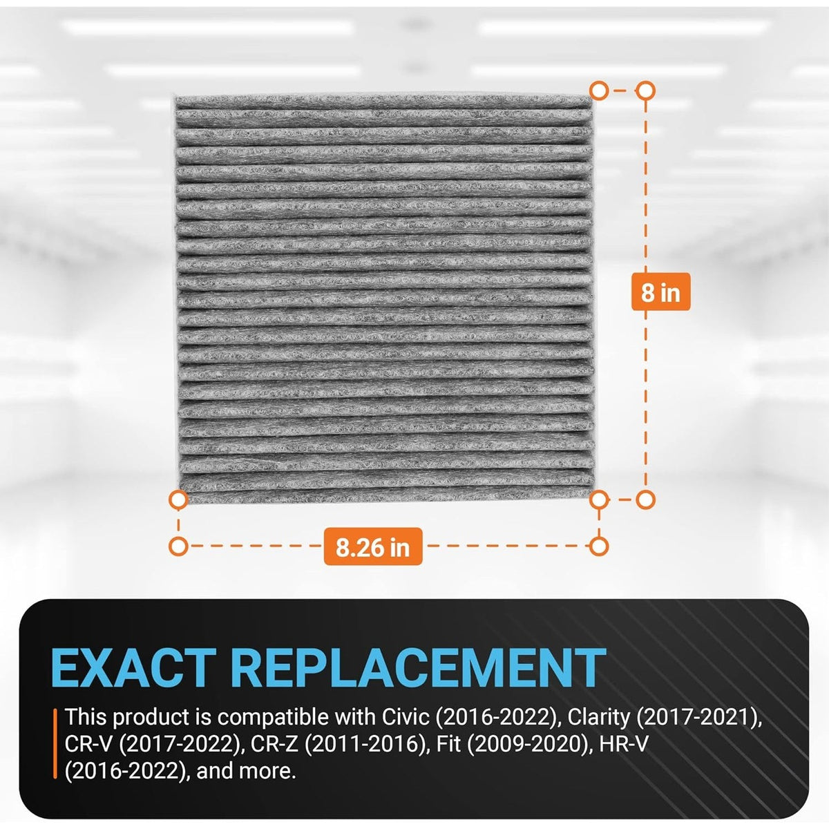 CF11182 activated carbon cabin air filter showing 8 inch by 8.26 inch dimensions and vehicle compatibility list.