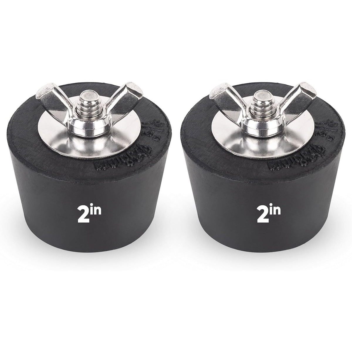 Two 2-inch rubber pool winterizing expansion plugs with stainless steel wing nut screws.