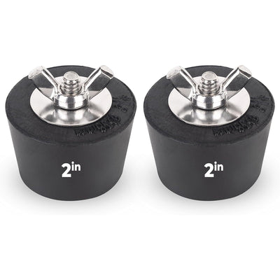 Two 2-inch rubber pool winterizing expansion plugs with stainless steel wing nut screws.