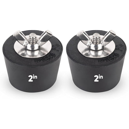 Two 2-inch rubber pool winterizing expansion plugs with stainless steel wing nut screws.