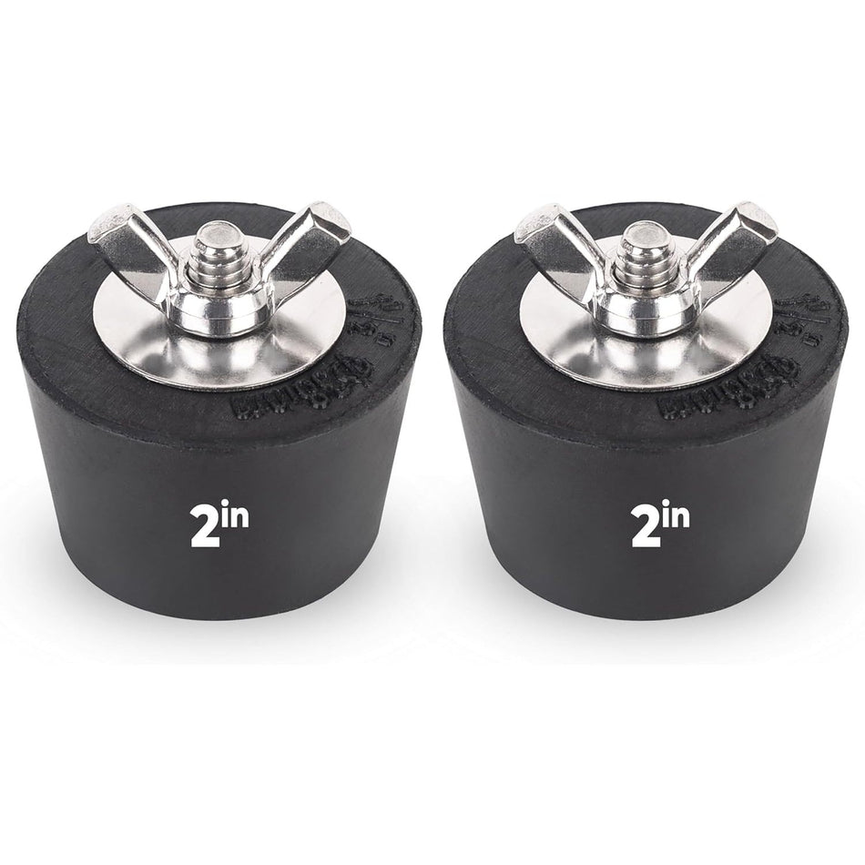 Two 2-inch rubber pool winterizing expansion plugs with stainless steel wing nut screws.