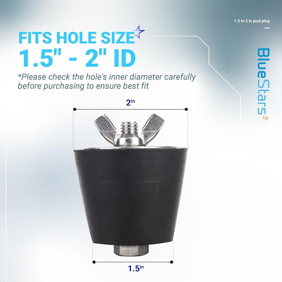 Pool winterizing plug showing 1.5-inch to 2-inch diameter dimensions for swimming pool pipe winterization.