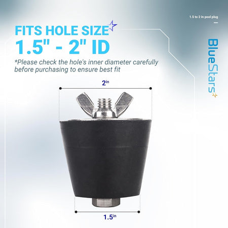 Pool winterizing plug showing 1.5-inch to 2-inch diameter dimensions for swimming pool pipe winterization.