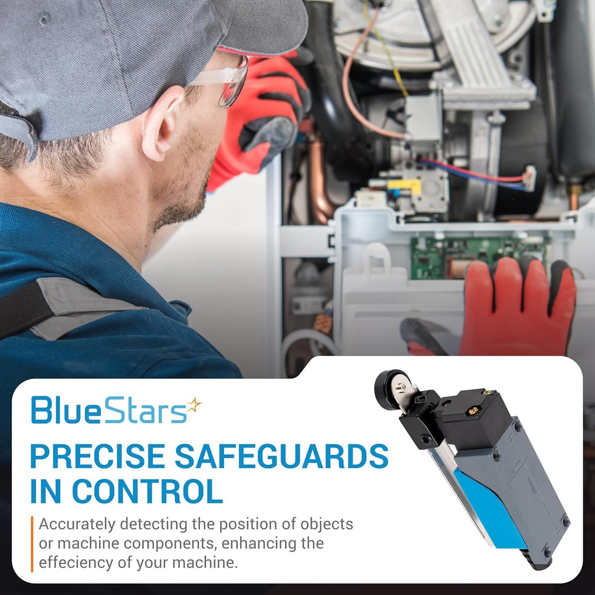 ME-8108 momentary roller lever arm limit switch for CNC machinery shown in a promotional lifestyle graphic.