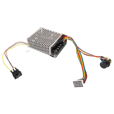 PWM DC brushed motor speed controller with metal housing, LED display, rotary knob, and power switch.