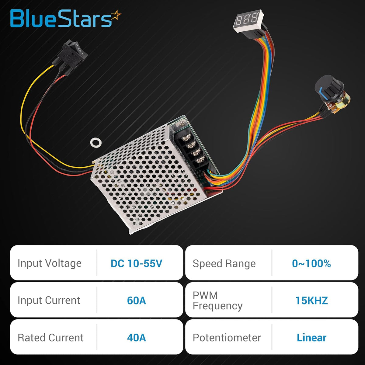 PWM DC brushed motor speed controller with LED display, potentiometer, and power switch.