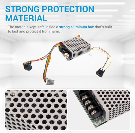 PWM DC motor speed controller featuring a protective aluminum housing and close-up views of the metal casing.