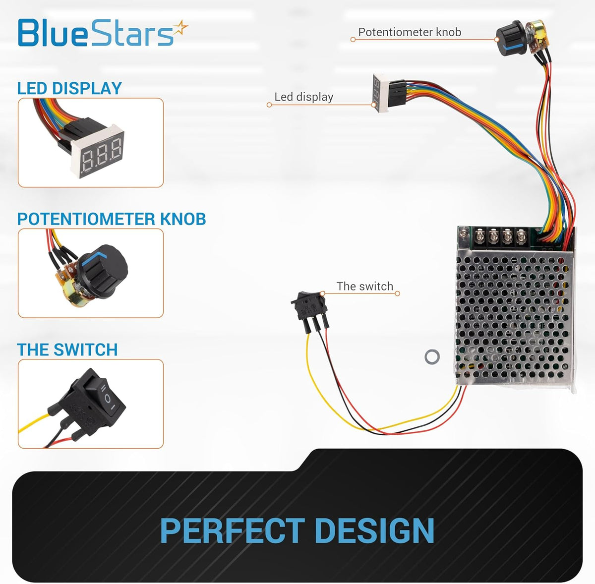 PWM DC brushed motor speed controller with LED display, potentiometer knob, and power switch components.