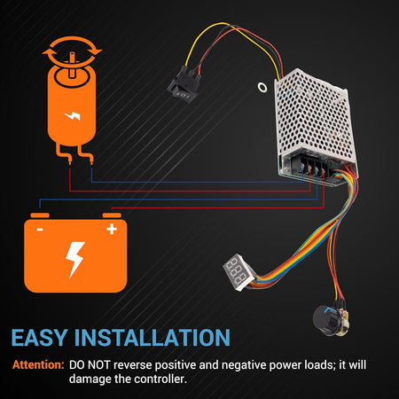 Wiring diagram for PWM DC brushed motor speed controller showing battery, motor, and power supply connections.