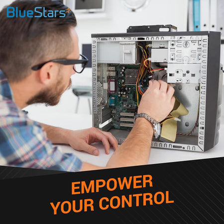 Technician repairing a computer tower with the text Empower Your Control.