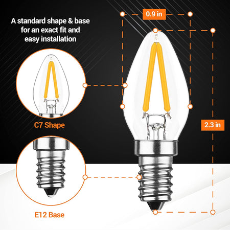 Diagram showing dimensions of 3W C7 LED light bulb with E12 candelabra base, 0.9 inch width and 2.3 inch height.