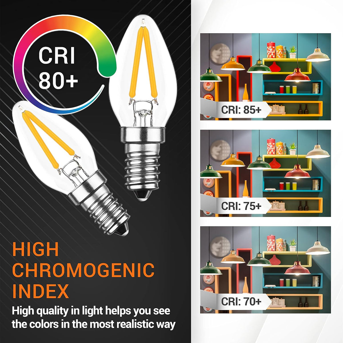 Two C7 LED candelabra bulbs with 80+ CRI rating and comparison chart showing color rendering index quality.