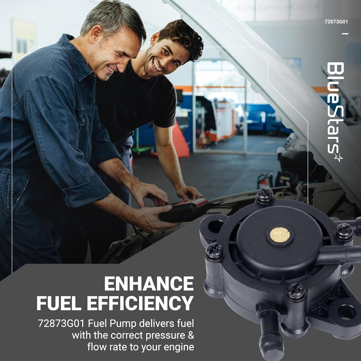 72873G01 high-performance fuel pump component shown in a promotional graphic with mechanics working on an engine.