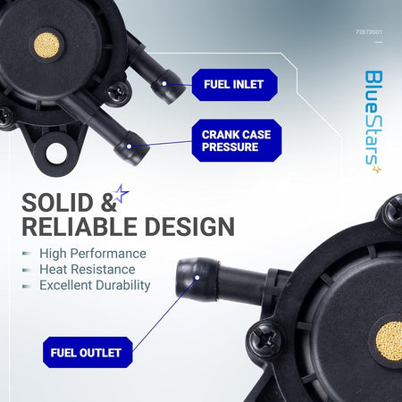72873G01 high-performance fuel pump showing fuel inlet, outlet, and crankcase pressure ports with design features.