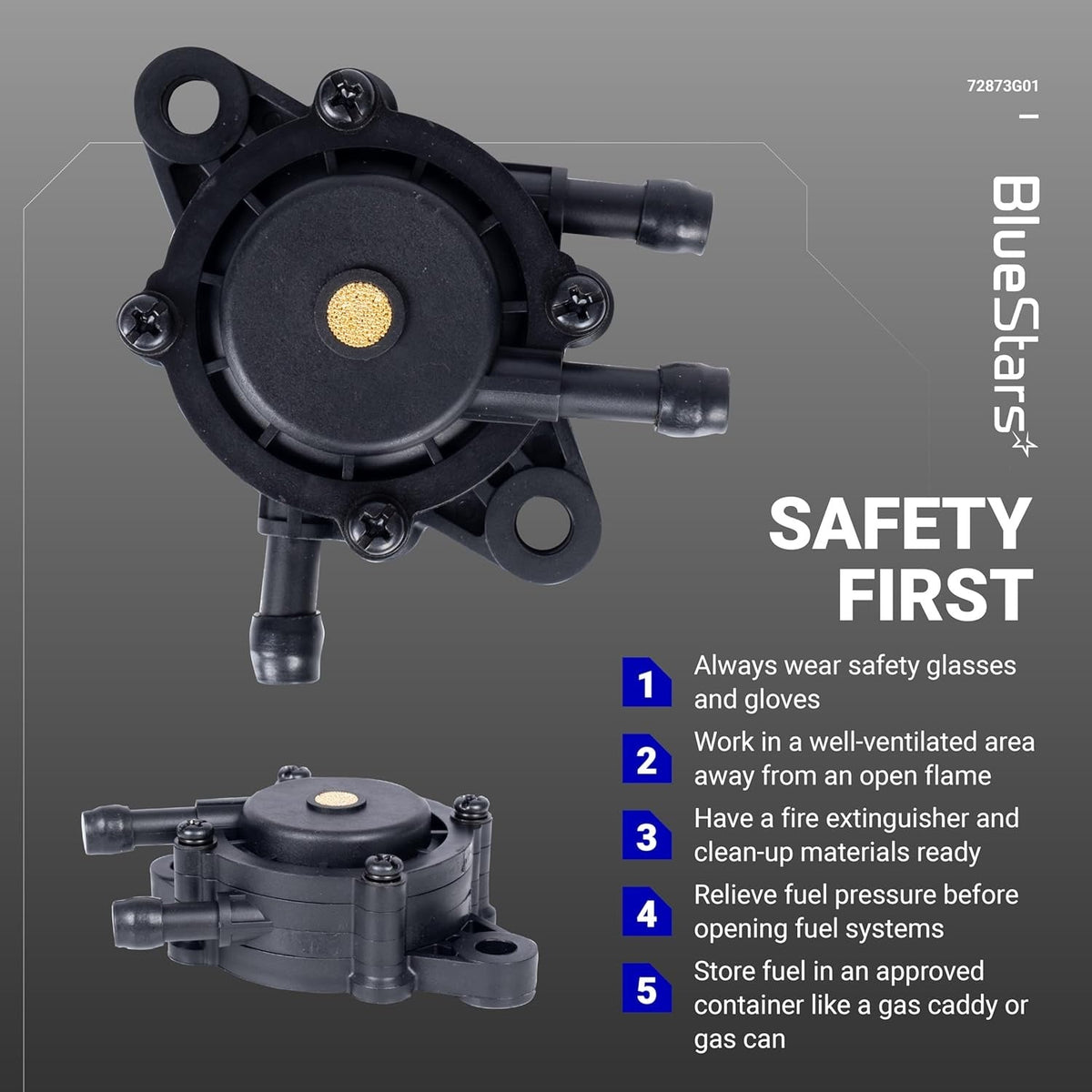 Top and side view of 72873G01 high-performance fuel pump with safety instructions.