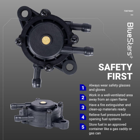Top and side view of 72873G01 high-performance fuel pump with safety instructions.