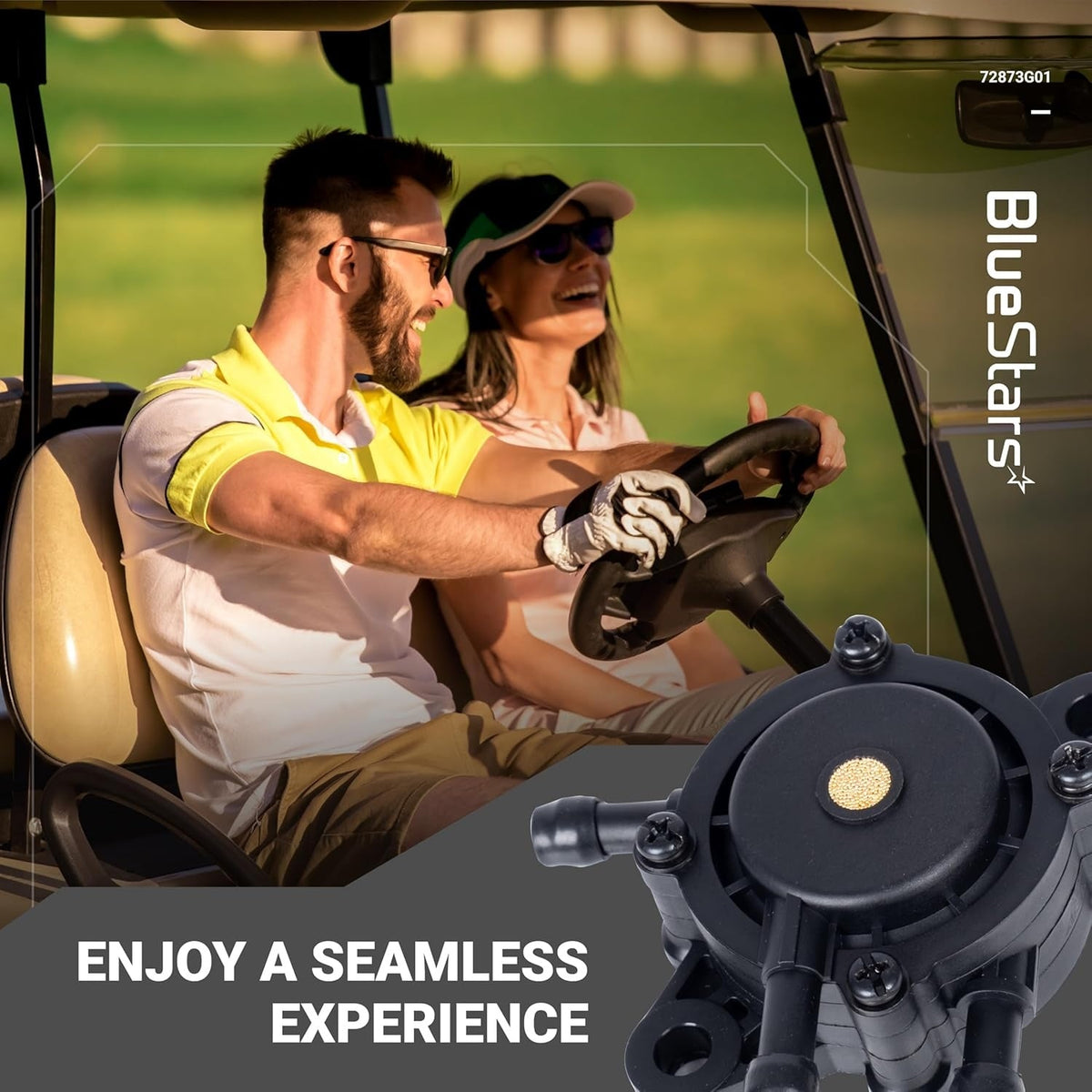 72873G01 high-performance fuel pump component shown in a lifestyle graphic for golf cart maintenance.
