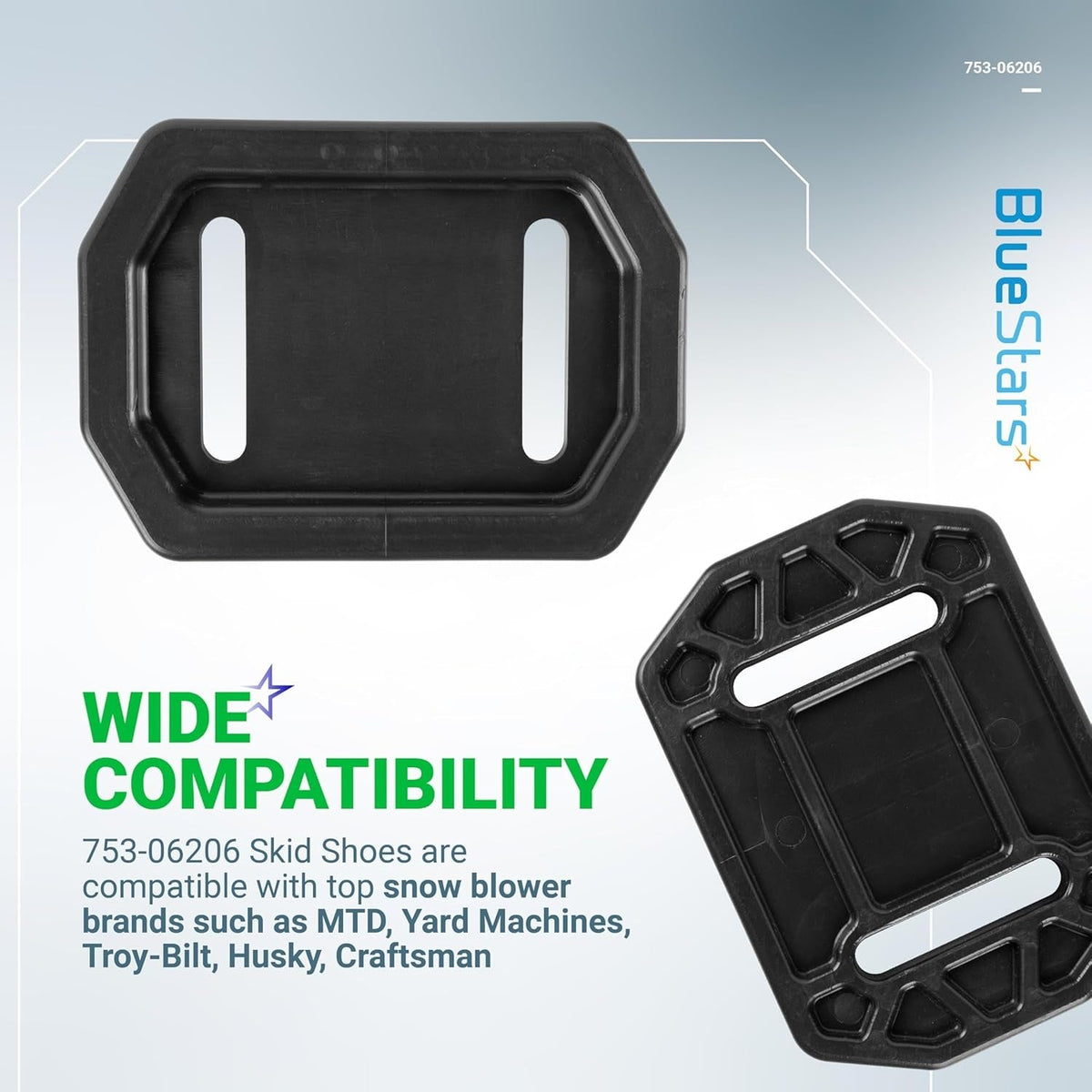Two black polymer slide shoes for snow throwers, 753-06206 replacement part kit.